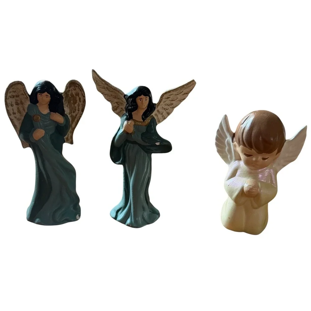 Vintage Angel Figurine Set Teal Gold Ceramic Cherub Iridescent Christmas Decor